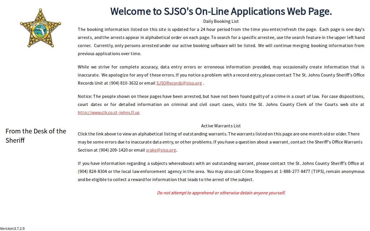 Official St. Johns County SmartWebClient daily arrest list interface