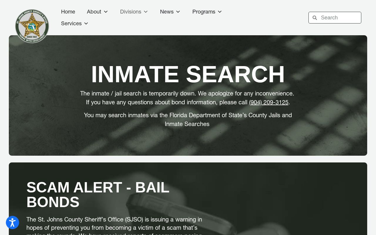 St. Johns County Sheriff's Office inmate search outage page