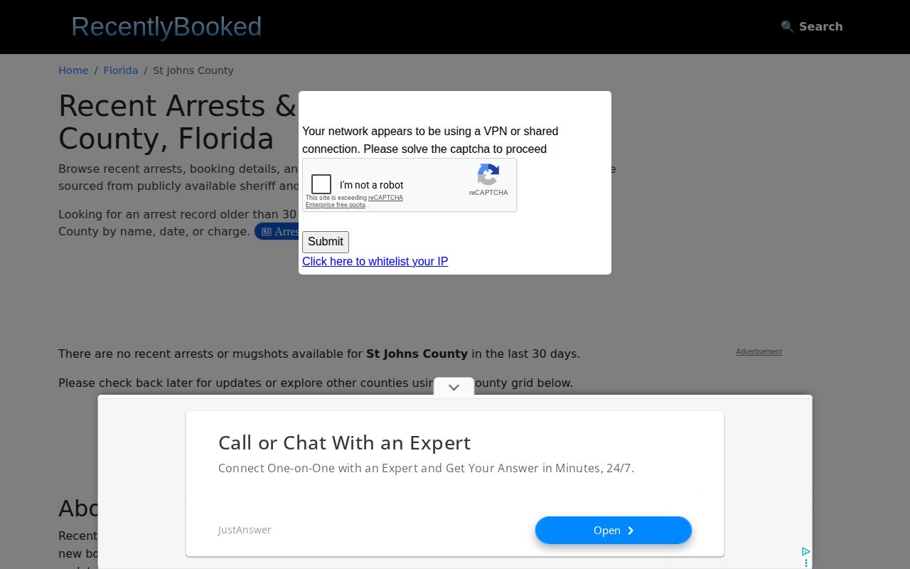 RecentlyBooked St. Johns County archive status page