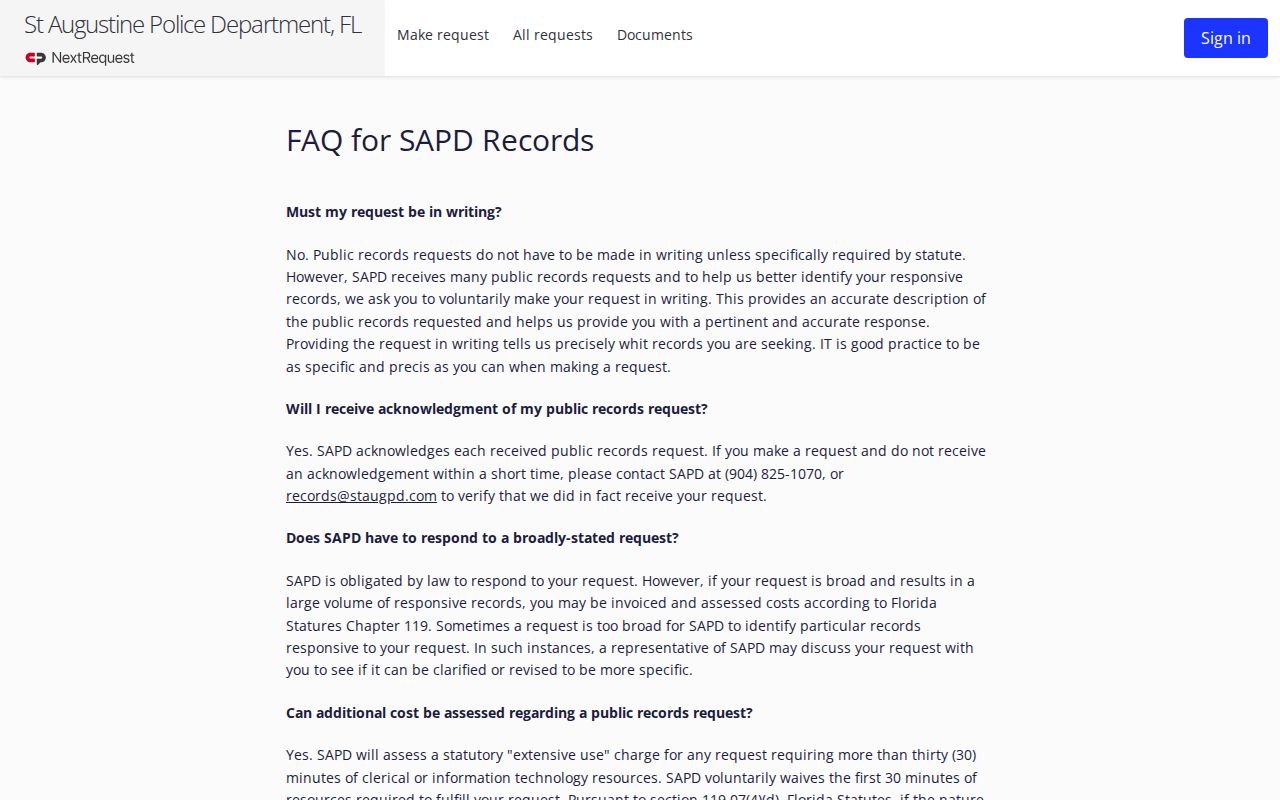 SAPD NextRequest FAQ for St. Augustine arrest record requests